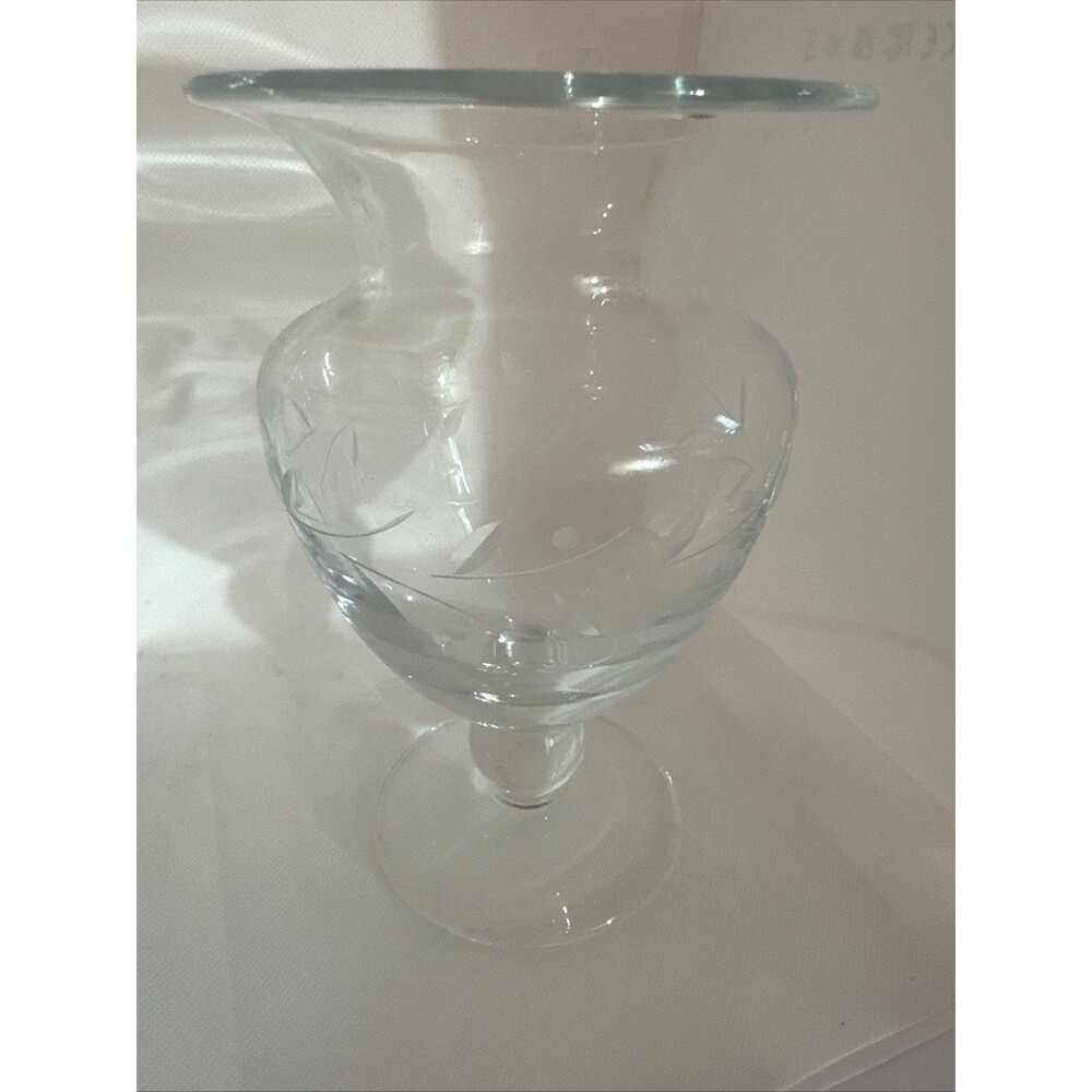 Etched Leaves  Clear Glass 8"  Footed Vase VTG